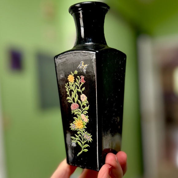 Vintage Oriental Florals & Butterflies Black Shiny Indoor Planter Vase Art Decor - Picture 2 of 8